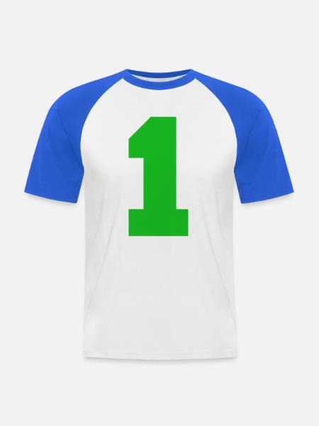 Leuchtendes Eins-Motiv auf Schwarz - Männer Baseball-T-Shirt - Weiß/Royalblau