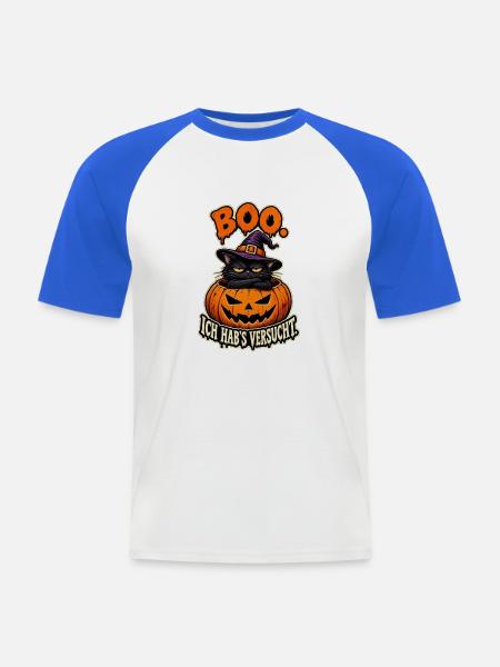 Boo Kürbiskatze mit Hexenhut - Männer Baseball-T-Shirt - Weiß/Royalblau