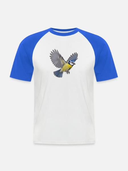 Blaumeise im Flug – blaugelbes Gartenvogelmotiv - Männer Baseball-T-Shirt - Weiß/Royalblau
