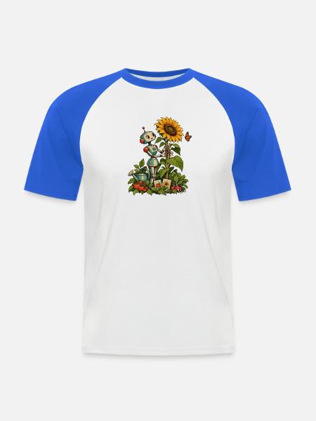 Gartenroboter mit Sonnenblume und Gemüse - Männer Baseball-T-Shirt - Weiß/Royalblau