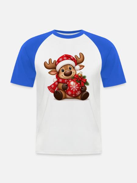 Weihnachtselch mit roter Weihnachtskugel - Männer Baseball-T-Shirt - Weiß/Royalblau