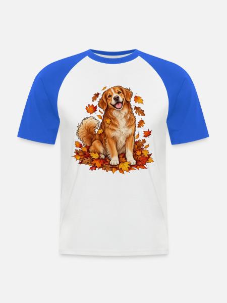 Herbsthund mit Blattkranz - Männer Baseball-T-Shirt - Weiß/Royalblau