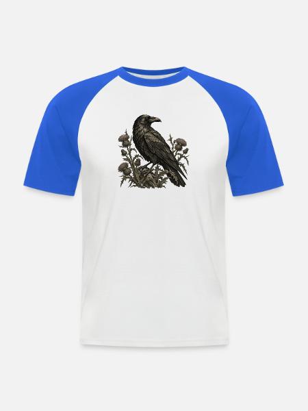 Rabe & Disteln – Dunkle Naturgravur - Männer Baseball-T-Shirt - Weiß/Royalblau