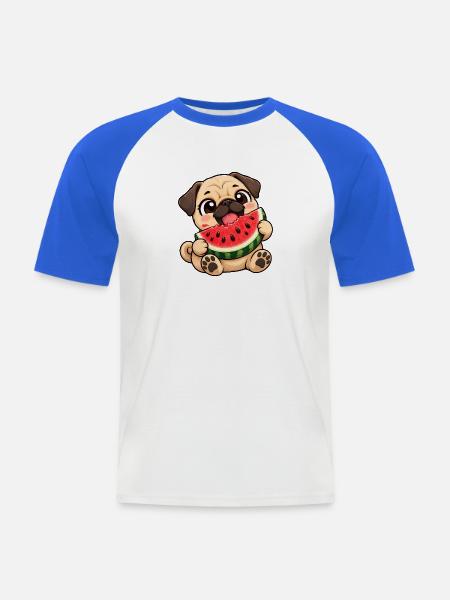Mops Chibi Kawaii Cartoon Freude - Männer Baseball-T-Shirt - Weiß/Royalblau