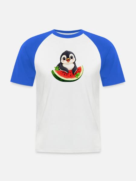 Süßer Cartoon Pinguin Melone Sommer - Männer Baseball-T-Shirt - Weiß/Royalblau