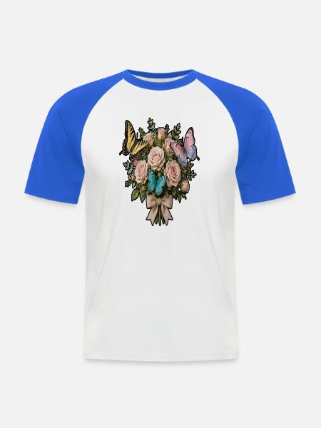 Rosen- und Schmetterlingsstrauß - Männer Baseball-T-Shirt - Weiß/Royalblau