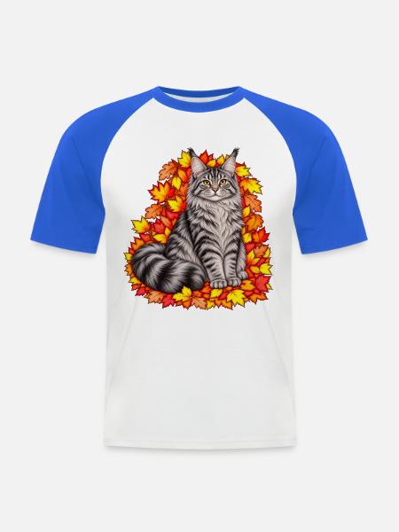 Herbstkatze auf Blätterkranz - Männer Baseball-T-Shirt - Weiß/Royalblau