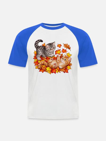 Herbstkätzchen im Herbstlaub - Männer Baseball-T-Shirt - Weiß/Royalblau