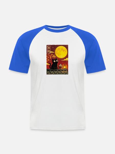 Schwarze Katze unter Vollmond - Männer Baseball-T-Shirt - Weiß/Royalblau