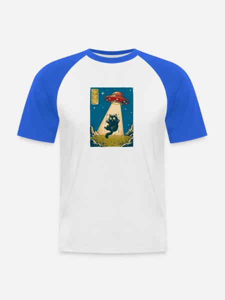 Retro Weltraumkatze UFO Poster - Männer Baseball-T-Shirt - Weiß/Royalblau
