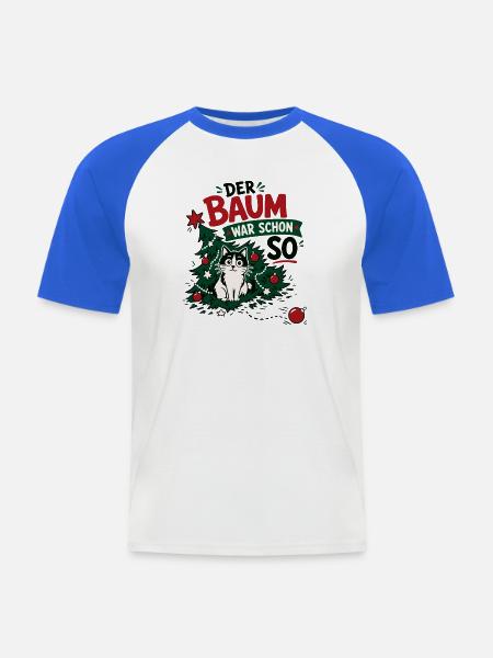 Lustige Katze im Weihnachtsbaum - Männer Baseball-T-Shirt - Weiß/Royalblau