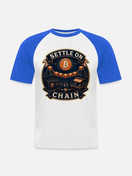 SETTLE ON CHAIN - Männer Baseball-T-Shirt - Weiß/Royalblau