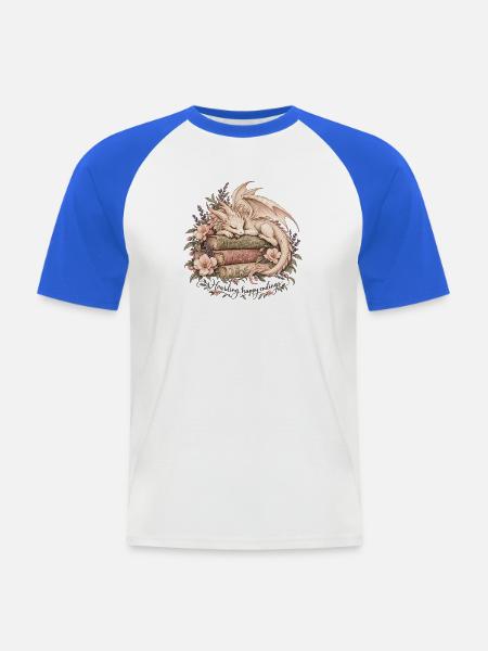 Schlafender Bücherdrache – Happy Endings - Männer Baseball-T-Shirt - Weiß/Royalblau