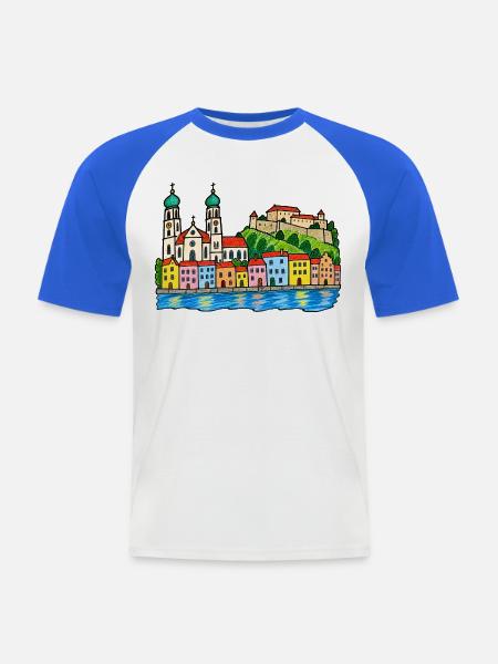 Passau Skyline im bunten Wachsmalstil - Männer Baseball-T-Shirt - Weiß/Royalblau