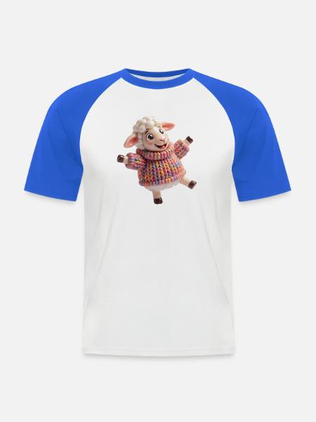 Lämmchen im bunten Strickpullover - Männer Baseball-T-Shirt - Weiß/Royalblau