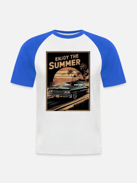 Sonnenuntergang mit dem Sommer-Oldtimer - Männer Baseball-T-Shirt - Weiß/Royalblau