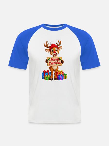 Rentier mit Geschenken - Männer Baseball-T-Shirt - Weiß/Royalblau
