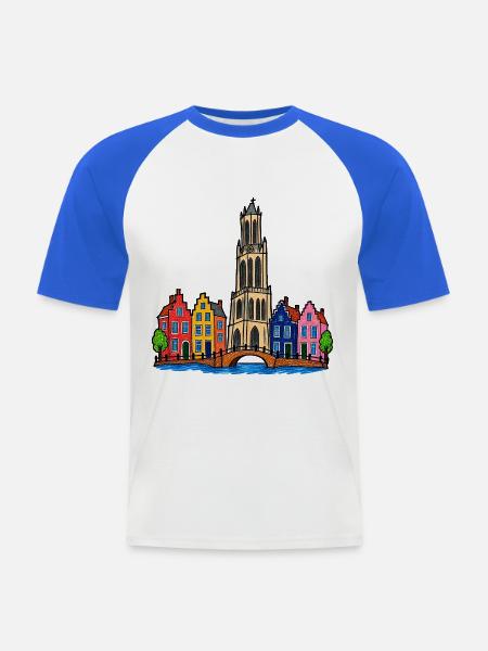 Utrecht Skyline im bunten Wachsmalstil - Männer Baseball-T-Shirt - Weiß/Royalblau