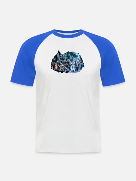 MELVIG – Eisstadt unter Nordlichtern - Männer Baseball-T-Shirt - Weiß/Royalblau