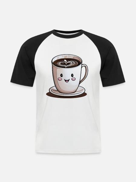 Lächelnde Tasse Kaffee - Männer Baseball-T-Shirt - Weiß/Schwarz