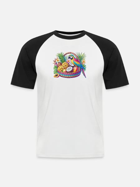 Obstkorb mit Papagei - Männer Baseball-T-Shirt - Weiß/Schwarz