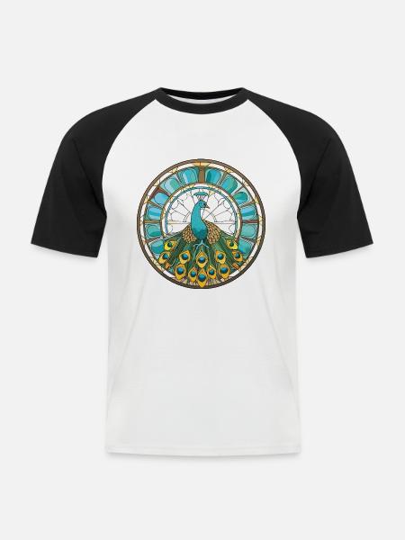 Pfauenbunte Aquarell-Tierillustration - Männer Baseball-T-Shirt - Weiß/Schwarz