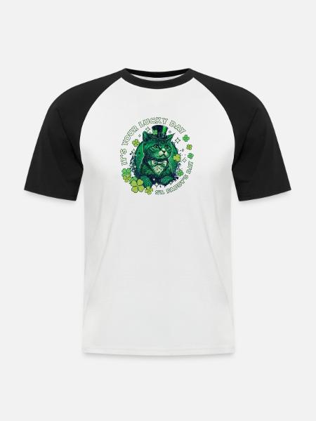 Glückskatze zum St. Patrick's Day - Männer Baseball-T-Shirt - Weiß/Schwarz