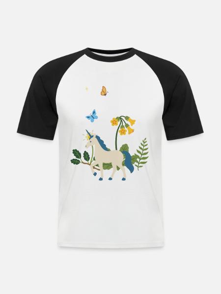 Einhorn Blumen Kinder Fantasieillustration - Männer Baseball-T-Shirt - Weiß/Schwarz