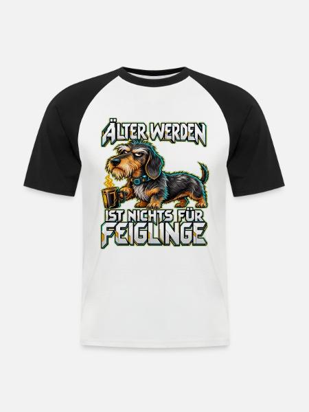 Älter werden: Dackel mit Kaffee - Männer Baseball-T-Shirt - Weiß/Schwarz
