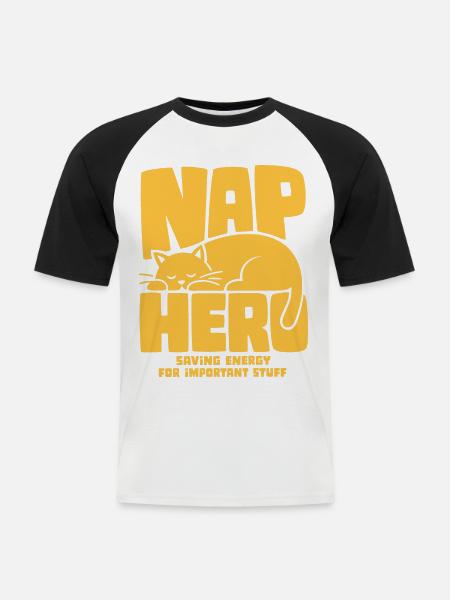 Schlafende Katze – Nap Hero - Männer Baseball-T-Shirt - Weiß/Schwarz