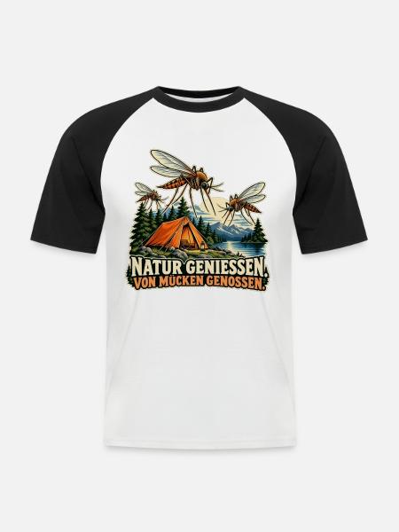 Camping mit Mückenbuffet - Männer Baseball-T-Shirt - Weiß/Schwarz