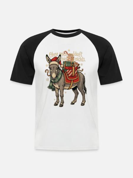 Weihnachtsesel mit Nikolausmütze - Männer Baseball-T-Shirt - Weiß/Schwarz