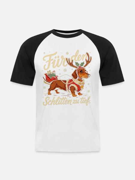 Dackel mit Weihnachtsschlitten und Geschenken - Männer Baseball-T-Shirt - Weiß/Schwarz