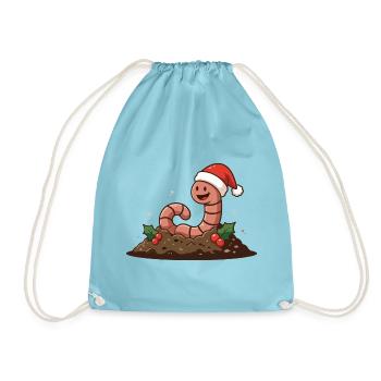 Regenwurm im Weihnachtshut – Weihnachtsthema - Turnbeutel - Aqua - Vorne
