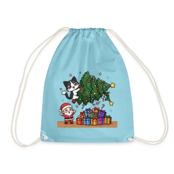 Katze schiebt Weihnachtsbaum - Turnbeutel - Aqua - Vorne