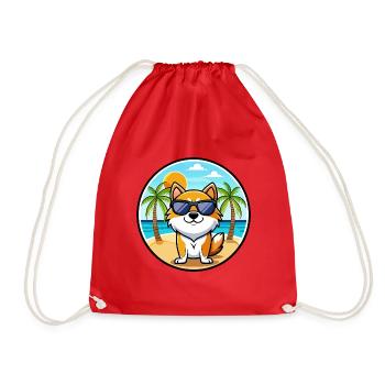 Hokkaido Dog Breed Cartoon Sunglasses Beach - Drawstring Bag - red - Front