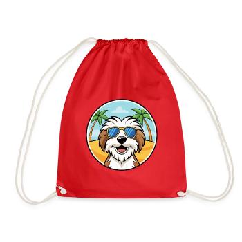 Tibetan Terrier Dog Breed Cartoon Sunglasses Beach - Drawstring Bag - red - Front