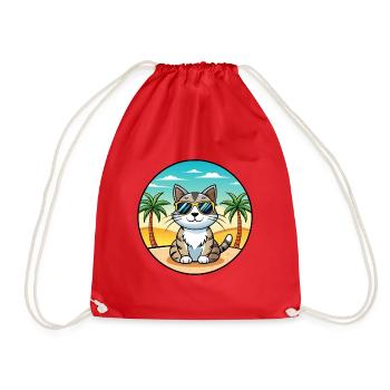 American Wirehair Cat Breed Cartoon Sunglass Beach - Drawstring Bag - red - Front