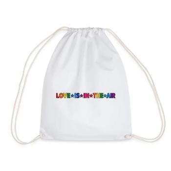 LOVE IS IN THE AIR – Bunter Regenbogen Schriftzug  - Turnbeutel - Weiß - Vorne
