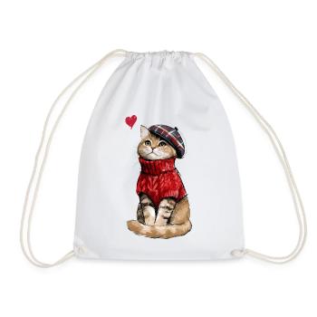 Süße Katze mit Baskenmütze und Strickpullover - Turnbeutel - Weiß - Vorne