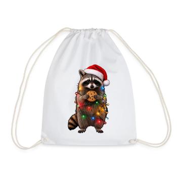 Süßer Weihnachtsmützen Waschbär mit Lichterkette - Turnbeutel - Weiß - Vorne
