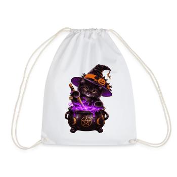 Süße Hexenkatze mit Zauberkessel – Halloween Katze - Turnbeutel - Weiß - Vorne