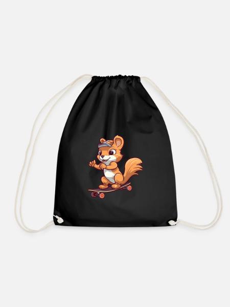 Lustiges Eichhörnchen Kawaii Cartoon spielt Skateboard - Turnbeutel - Schwarz