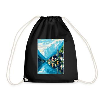 Hallstatt Lake Austria Vintage Travel Poster WPA - Drawstring Bag - black - Front