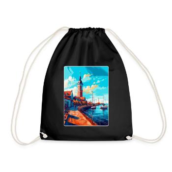 Ustka Poland Vintage Travel Poster WPA Souvenir - Drawstring Bag - black - Front