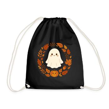Cute Ghost im Herbstkranz – Cozy Halloween Design - Turnbeutel - Schwarz - Vorne