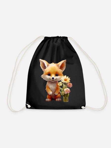 Süsser Fuchs mit Blumen – Kleiner Glücksbringer - Turnbeutel - Schwarz