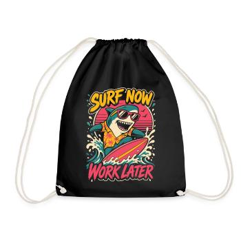 Surfender Hai – Surf Now Work Later - Turnbeutel - Schwarz - Vorne