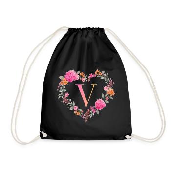 V Monogramm Blumen Herz personalisierbar - Turnbeutel - Schwarz - Vorne