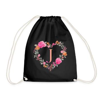 J Monogramm Blumen Herz personalisierbar - Turnbeutel - Schwarz - Vorne